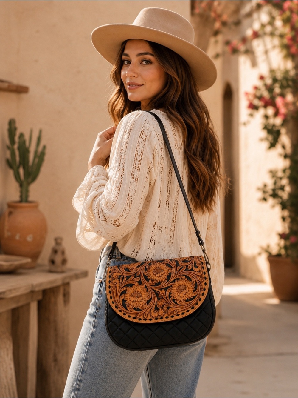 NEW Vintage Style Hand Tooled Leather Floral Saddle Bag Boho Western Crossbody - Picture 2 of 10